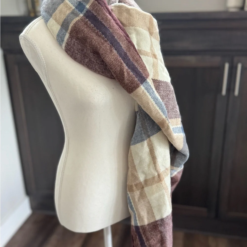 Plaid Fringe Scarf in Cream and Brown Maroon